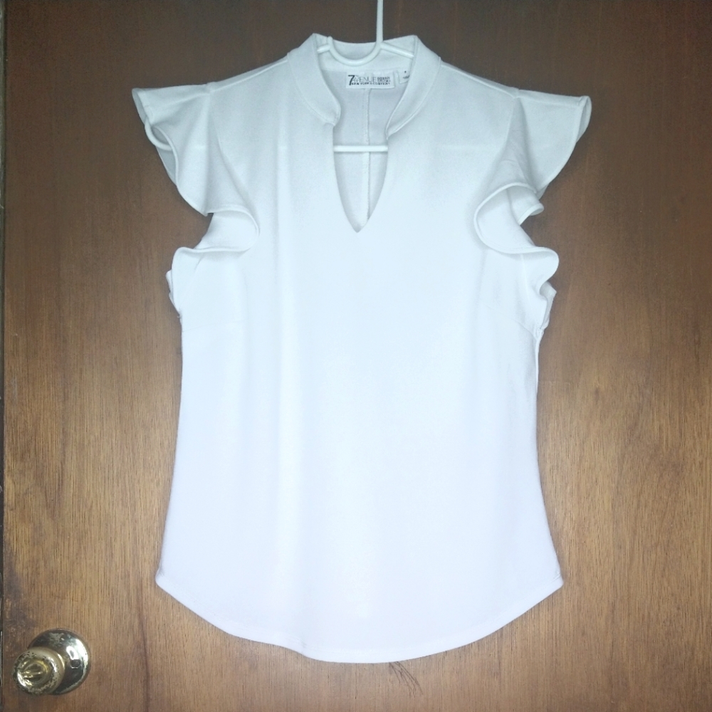 White, Frilly, Sleeveless Top by 7th Ave Design Studio